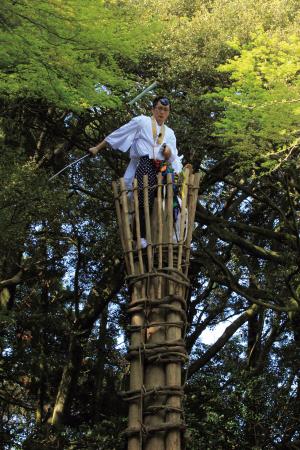 等覚寺の松会で実施する幣切りの様子